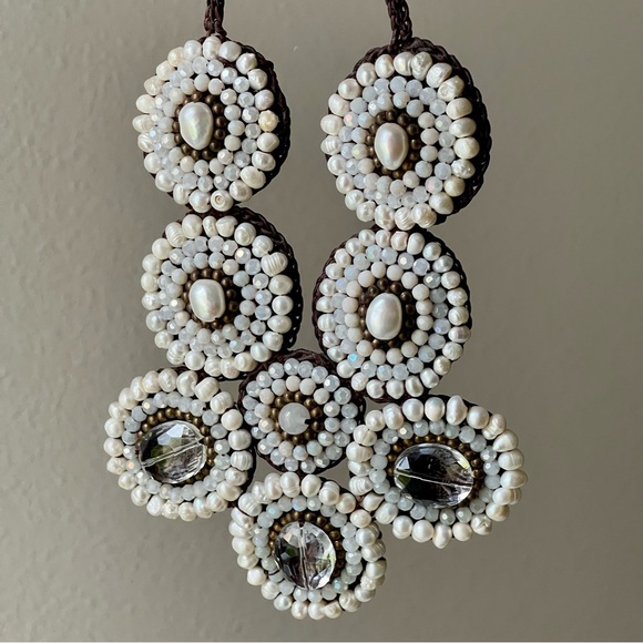 Mosaic Semi-Precious Stones Large White Bib Handmade 16" - 18" Necklace - Picture 8 of 15